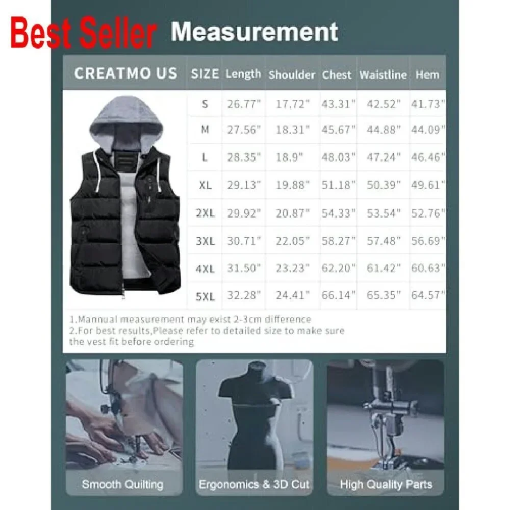 Men's Quilted Puffer Vest Removable Hood Windproof Waterproof Outdoor Winter